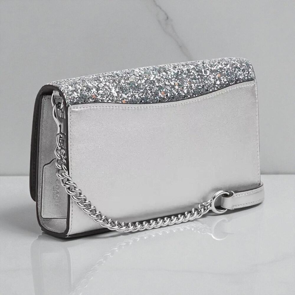 Coach Flap Clutch Crossbody in Silver Glitter and Leather CP189 - Picture 2 of 3